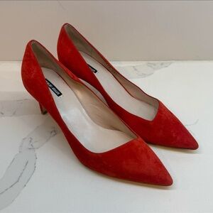 Giorgio Armani Scarlet Red Suede Point Toe Mid  Heel Pumps